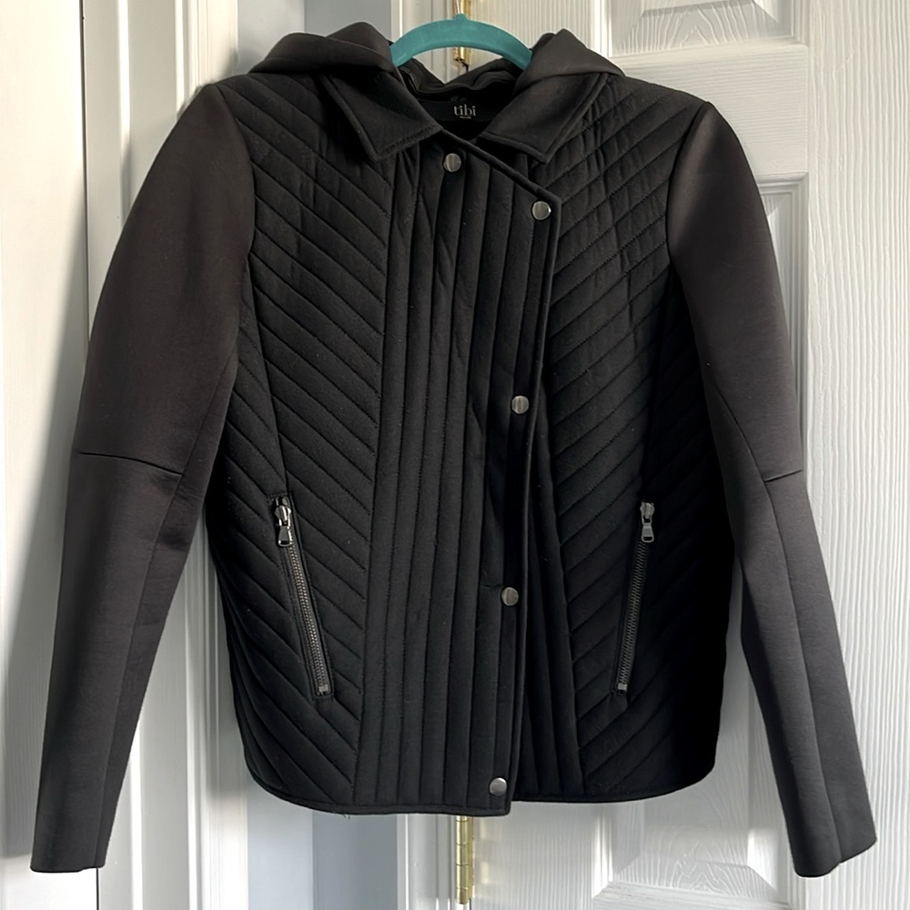 Tibi neoprene quilted hooded moto jacket